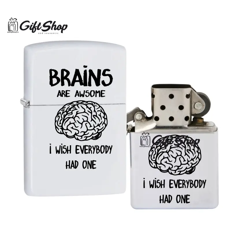Brains are awsome, bricheta metalica gravata laser cu mesajv